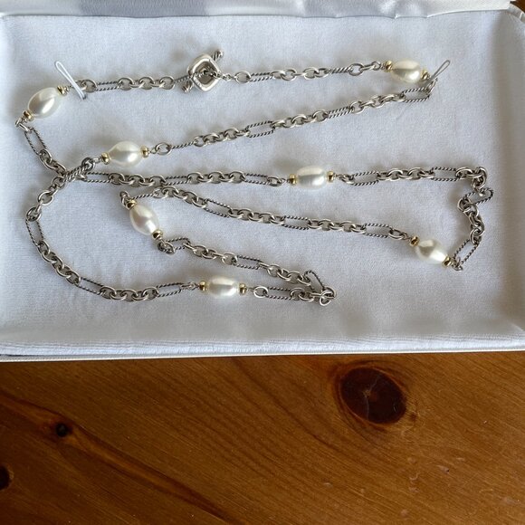 VTG David Yurman Figaro Chain Silver and Gold Pearl Necklace - 36 inches - Picture 6 of 16